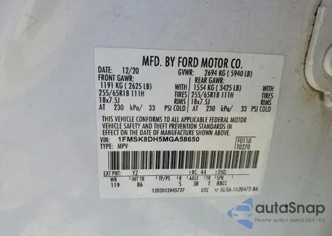 2021 Ford Explorer Xlt z USA, uszkodzony, nr VIN 1FMSK8DH5MGA58650